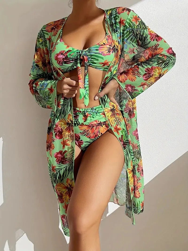Tropical Print 3 Pieces Set High Waisted Bikini Set Knot Front Ring Belt Long Sleeve Swimsuit Cover Up
