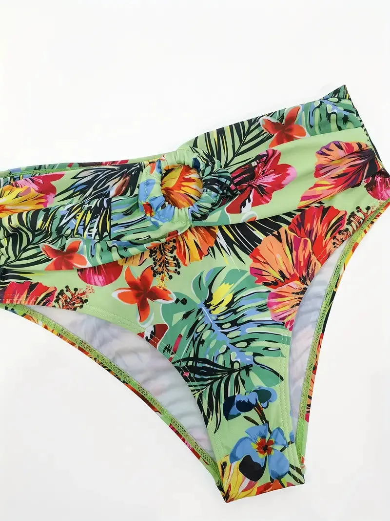 Tropical Print 3 Pieces Set High Waisted Bikini Set Knot Front Ring Belt Long Sleeve Swimsuit Cover Up