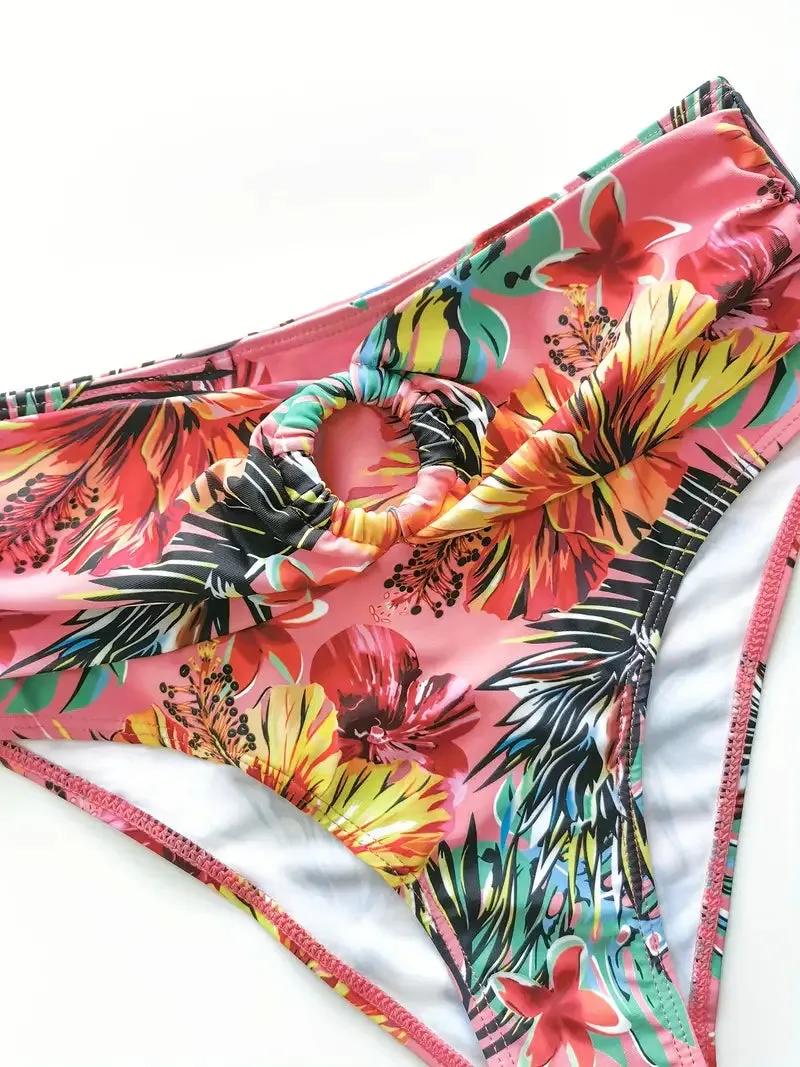 Tropical Print 3 Pieces Set High Waisted Bikini Set Knot Front Ring Belt Long Sleeve Swimsuit Cover Up