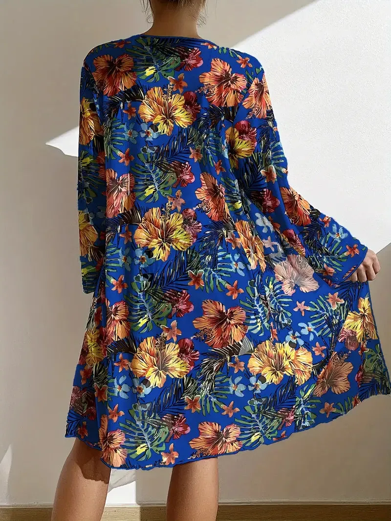 Tropical Print 3 Pieces Set High Waisted Bikini Set Knot Front Ring Belt Long Sleeve Swimsuit Cover Up