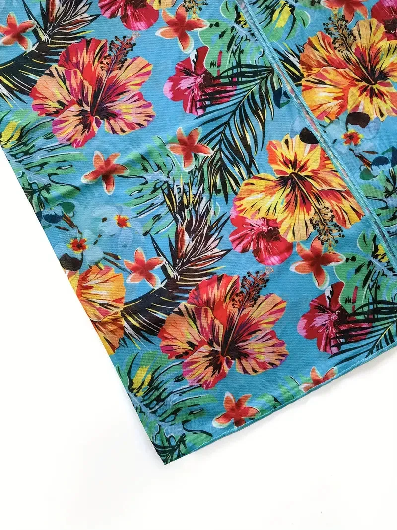 Tropical Print 3 Pieces Set High Waisted Bikini Set Knot Front Ring Belt Long Sleeve Swimsuit Cover Up
