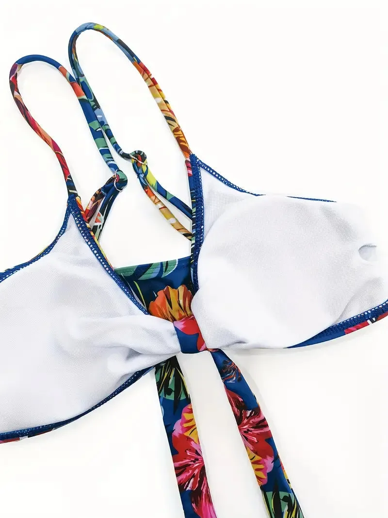 Tropical Print 3 Pieces Set High Waisted Bikini Set Knot Front Ring Belt Long Sleeve Swimsuit Cover Up