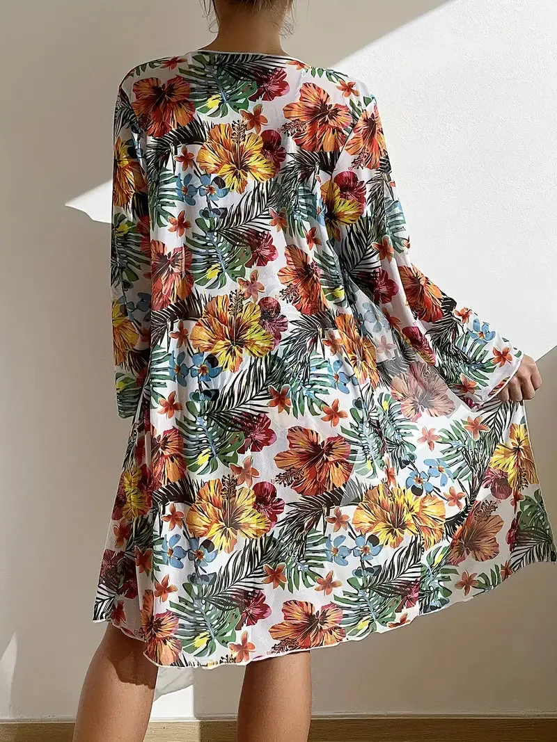 Tropical Print 3 Pieces Set High Waisted Bikini Set Knot Front Ring Belt Long Sleeve Swimsuit Cover Up