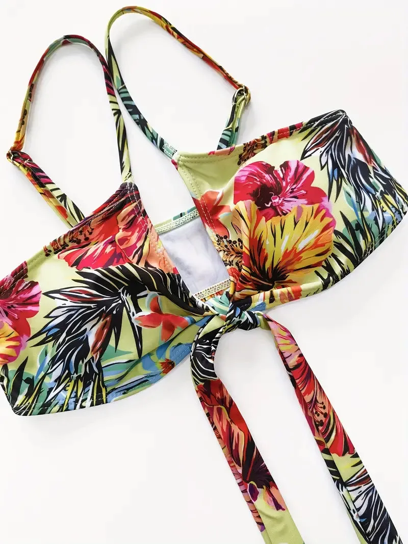 Tropical Print 3 Pieces Set High Waisted Bikini Set Knot Front Ring Belt Long Sleeve Swimsuit Cover Up