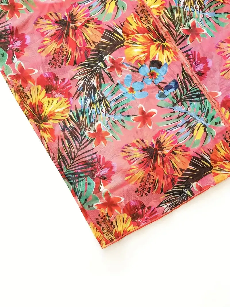 Tropical Print 3 Pieces Set High Waisted Bikini Set Knot Front Ring Belt Long Sleeve Swimsuit Cover Up