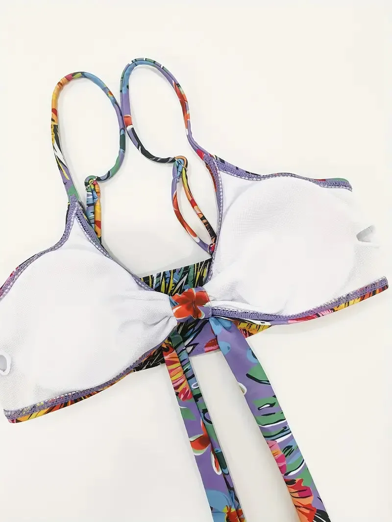 Tropical Print 3 Pieces Set High Waisted Bikini Set Knot Front Ring Belt Long Sleeve Swimsuit Cover Up