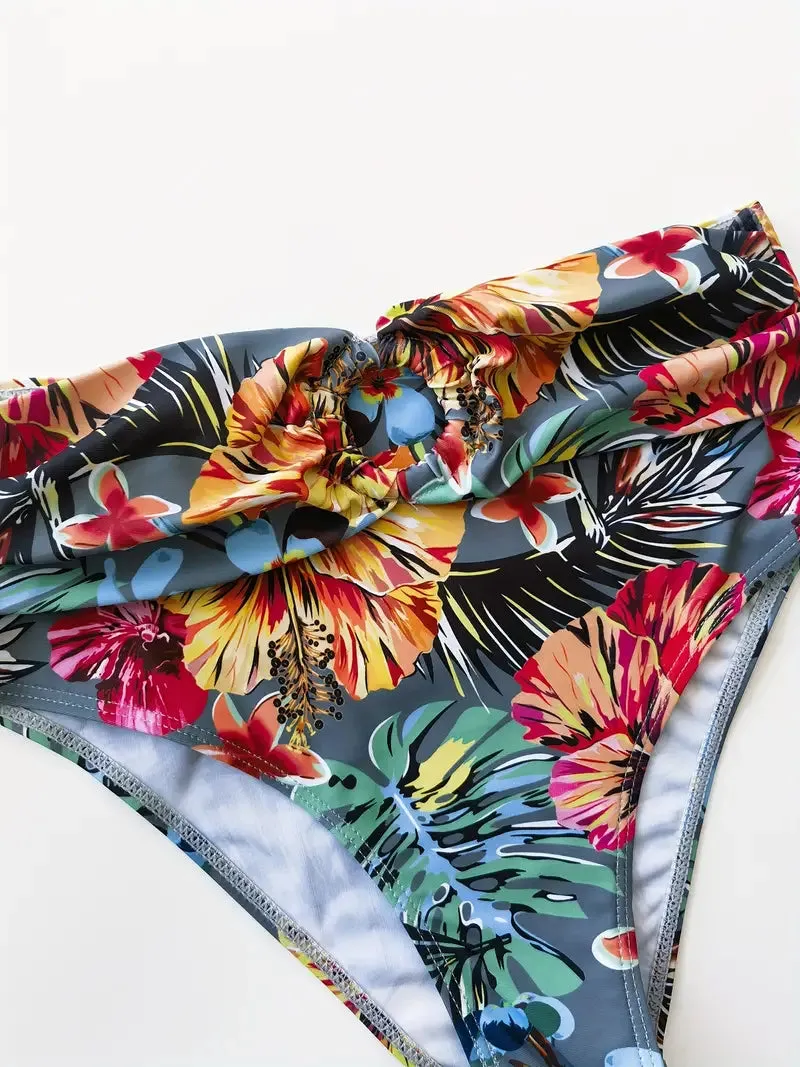 Tropical Print 3 Pieces Set High Waisted Bikini Set Knot Front Ring Belt Long Sleeve Swimsuit Cover Up