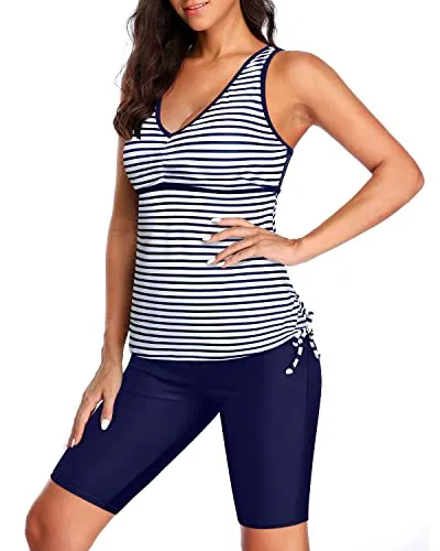 Two Piece Modest Tankini Bathing Suits Swim Capris For Women-Blue White Stripe