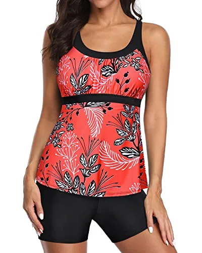 U Neck Swim Tank Top Tummy Control And Boyshorts Modest Swimwear-Red Floral