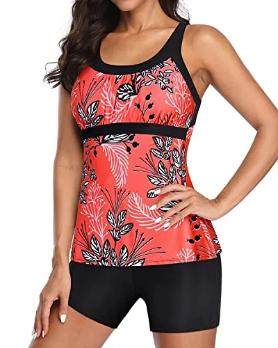 U Neck Swim Tank Top Tummy Control And Boyshorts Modest Swimwear-Red Floral
