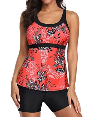U Neck Swim Tank Top Tummy Control And Boyshorts Modest Swimwear-Red Floral