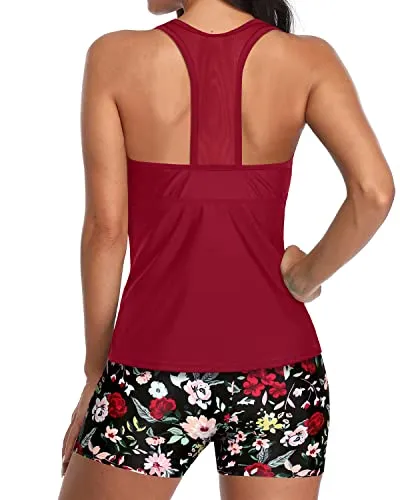 U Neck Two Piece Tankini Bathing Suit With Shorts For Women-Red Floral