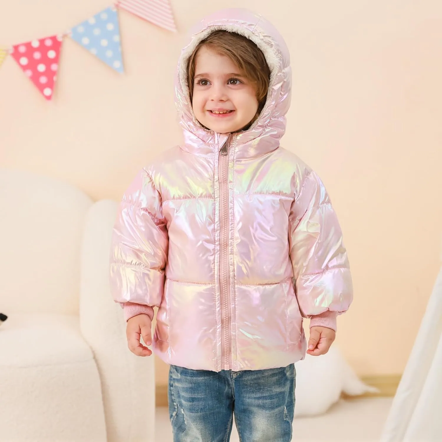 UNICOMIDEA Baby Girl Winter Coat Toddler Laser Jackets Warm Sparkly Outerwear with Hooded for 12M-5T