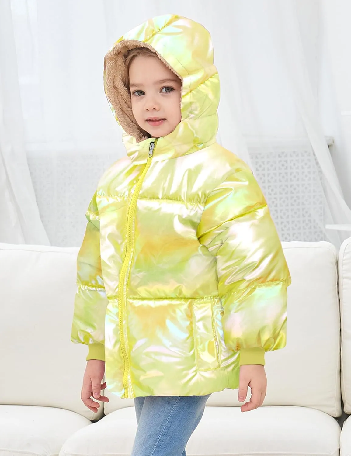 UNICOMIDEA Baby Girl Winter Coat Toddler Laser Jackets Warm Sparkly Outerwear with Hooded for 12M-5T