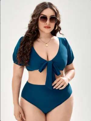 Upopby Solid Color Short Sleeve High Waist Bikini Set