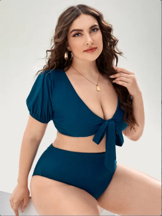 Upopby Solid Color Short Sleeve High Waist Bikini Set