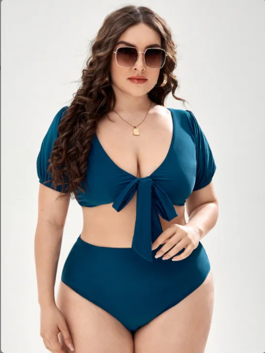 Upopby Solid Color Short Sleeve High Waist Bikini Set