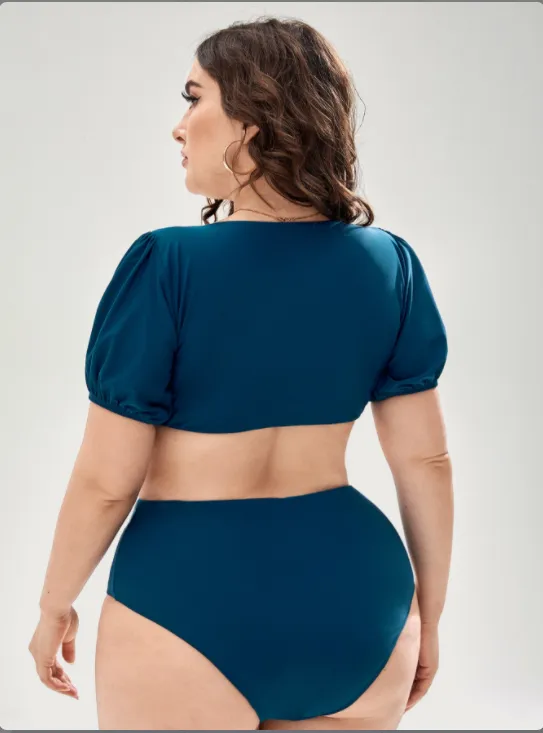 Upopby Solid Color Short Sleeve High Waist Bikini Set