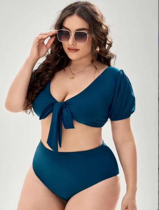Upopby Solid Color Short Sleeve High Waist Bikini Set