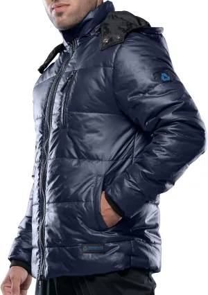 URBAN BUCK Mens Hooded Puffer Jacket Midweight Down Winter Coat Windproof & Waterproof Men's Salvador Navy Blue Ski Jacket (M)