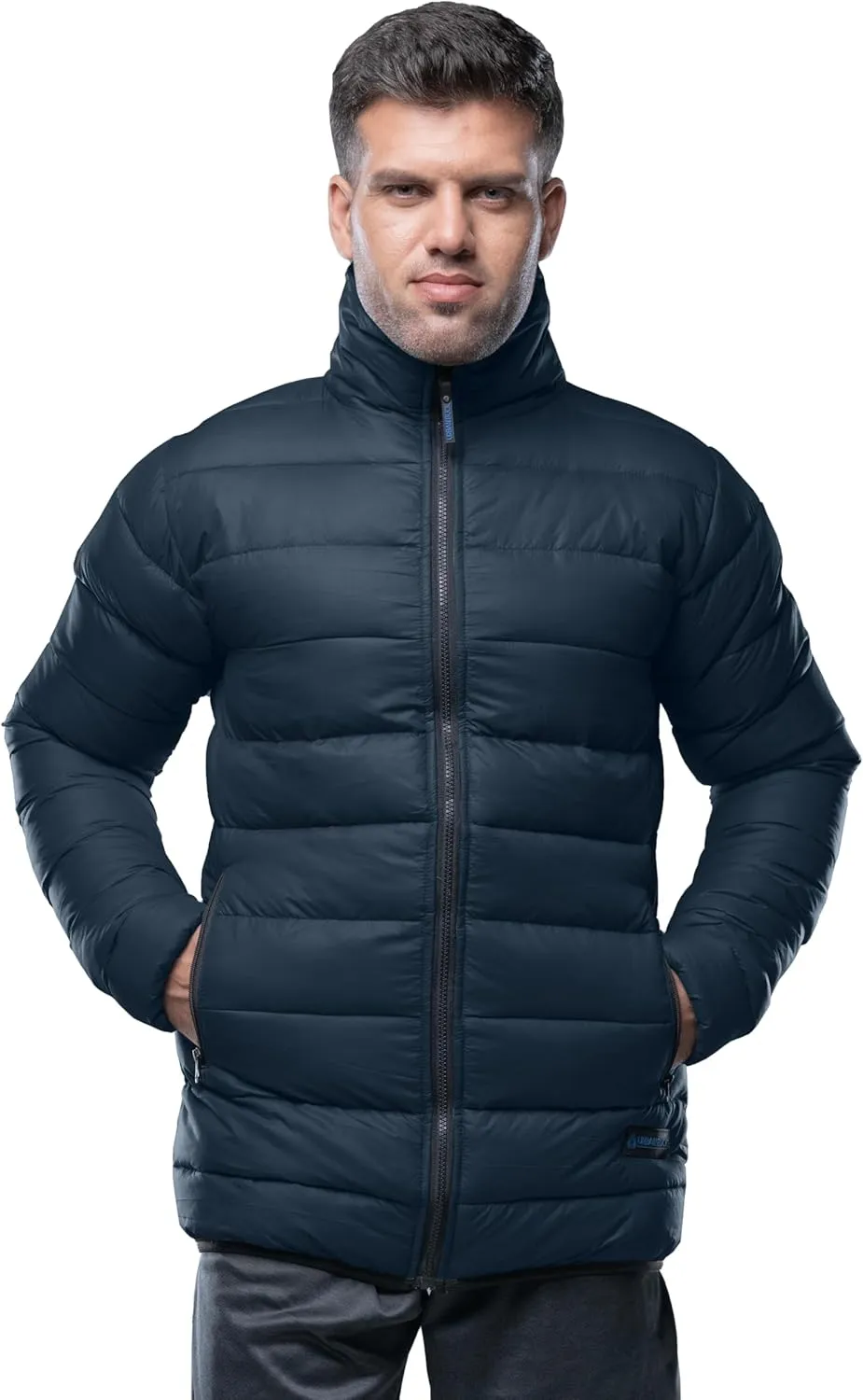 URBAN BUCK Mens Puffer Jacket Midweight Vicente Blue Winter Recycled Down Windproof and Water Repellent Men Hiking Coat ((L)