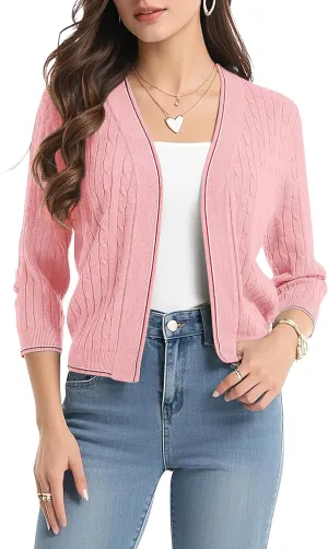 Urban CoCo Women's Open Front Cropped Cardigan Sweater Lightweight 3/4 Sleeve Knit Shrug Sweaters with Contrast Trim