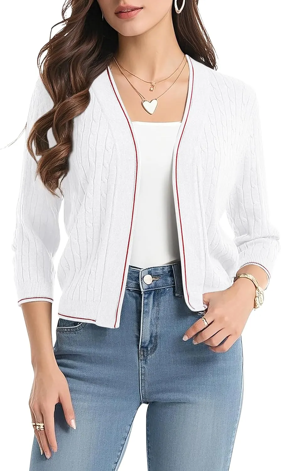 Urban CoCo Women's Open Front Cropped Cardigan Sweater Lightweight 3/4 Sleeve Knit Shrug Sweaters with Contrast Trim