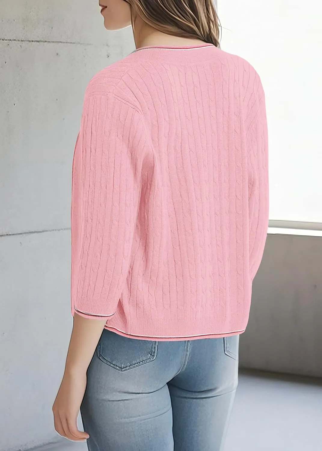 Urban CoCo Women's Open Front Cropped Cardigan Sweater Lightweight 3/4 Sleeve Knit Shrug Sweaters with Contrast Trim