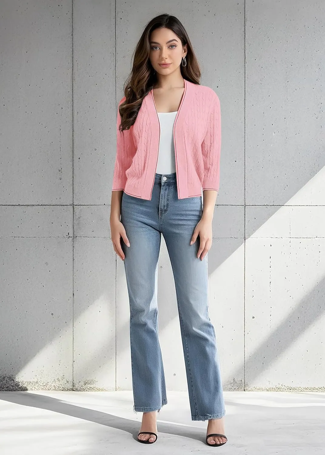 Urban CoCo Women's Open Front Cropped Cardigan Sweater Lightweight 3/4 Sleeve Knit Shrug Sweaters with Contrast Trim