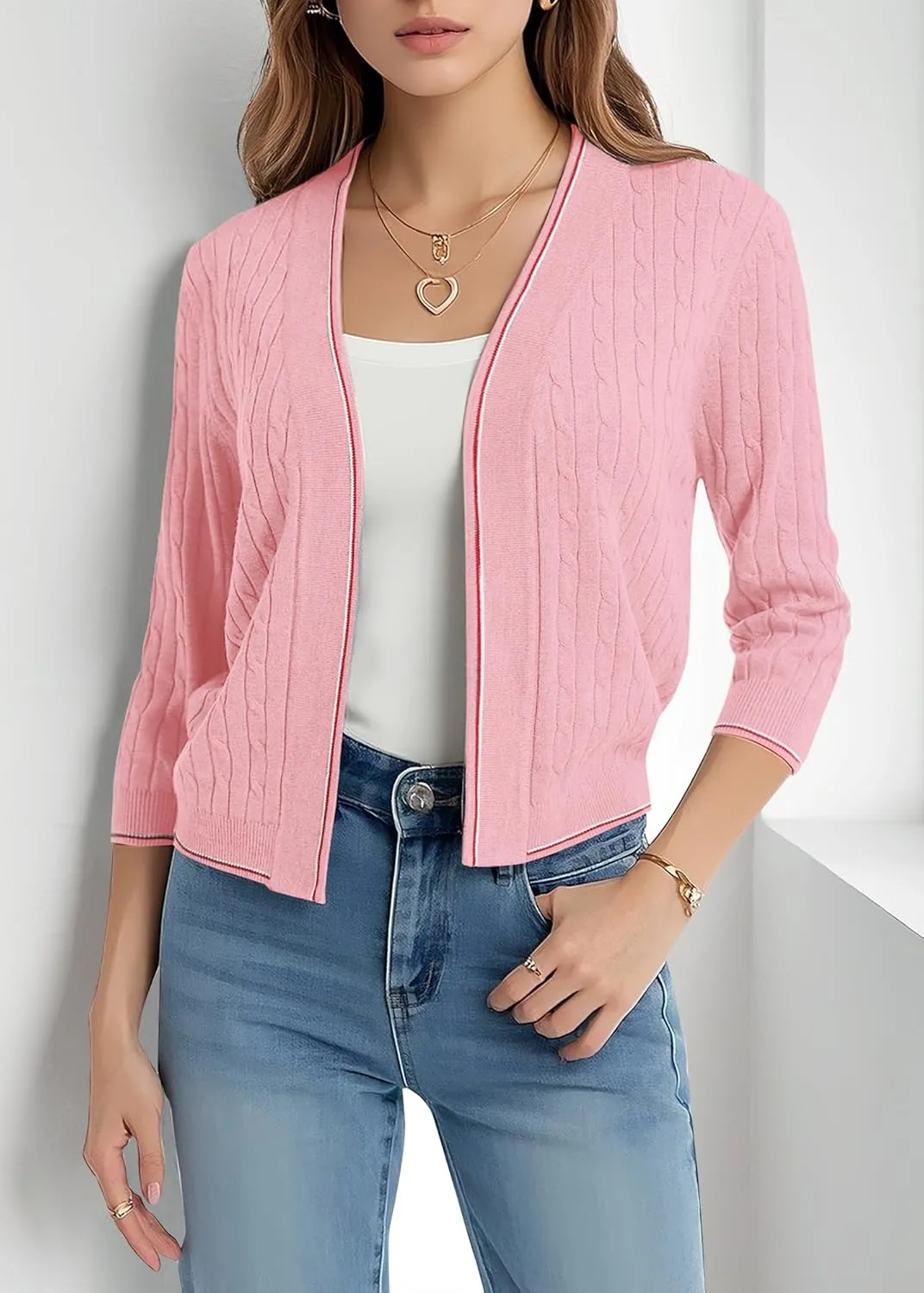 Urban CoCo Women's Open Front Cropped Cardigan Sweater Lightweight 3/4 Sleeve Knit Shrug Sweaters with Contrast Trim