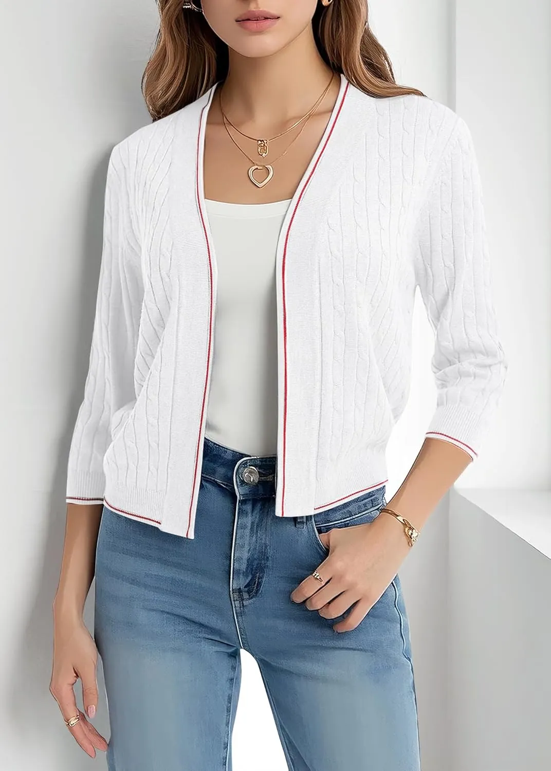 Urban CoCo Women's Open Front Cropped Cardigan Sweater Lightweight 3/4 Sleeve Knit Shrug Sweaters with Contrast Trim