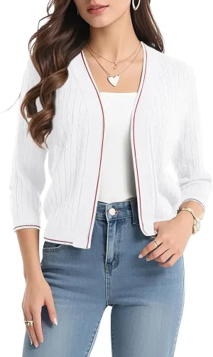 Urban CoCo Women's Open Front Cropped Cardigan Sweater Lightweight 3/4 Sleeve Knit Shrug Sweaters with Contrast Trim