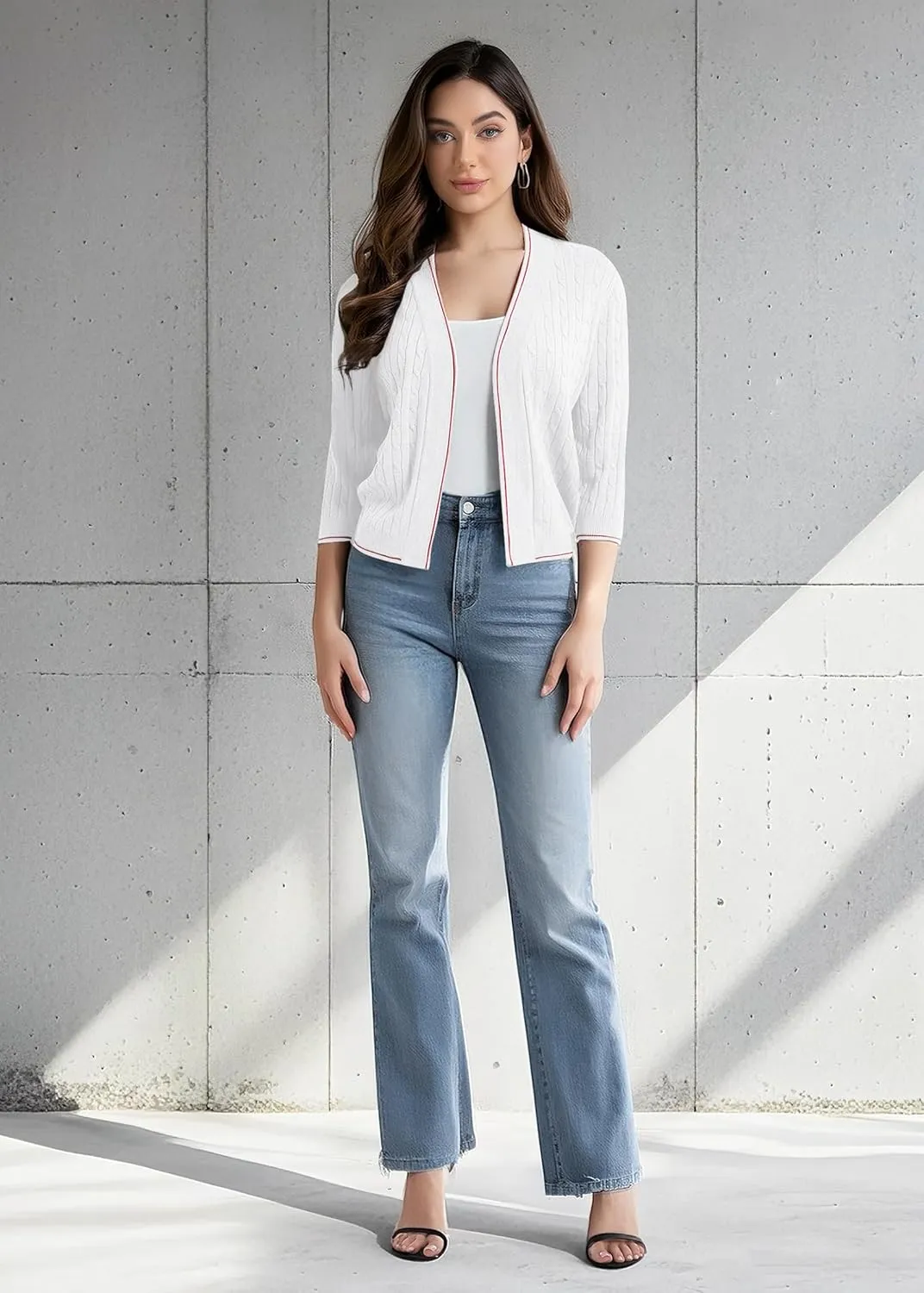 Urban CoCo Women's Open Front Cropped Cardigan Sweater Lightweight 3/4 Sleeve Knit Shrug Sweaters with Contrast Trim