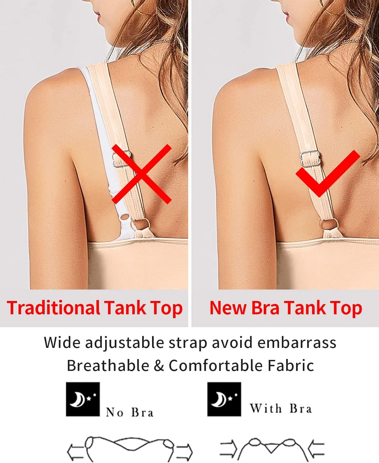 V FOR CITY Tank Top for Women with Built-in Padded Bra Adjustable Wide Strap Camisole Cotton Cami Shirts