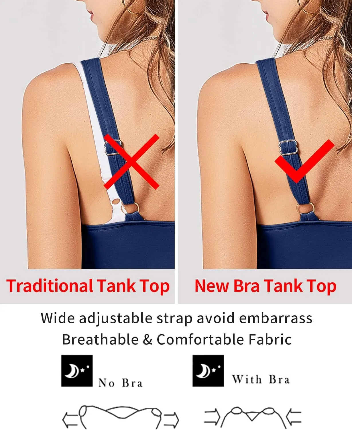 V FOR CITY Tank Top for Women with Built-in Padded Bra Adjustable Wide Strap Camisole Cotton Cami Shirts