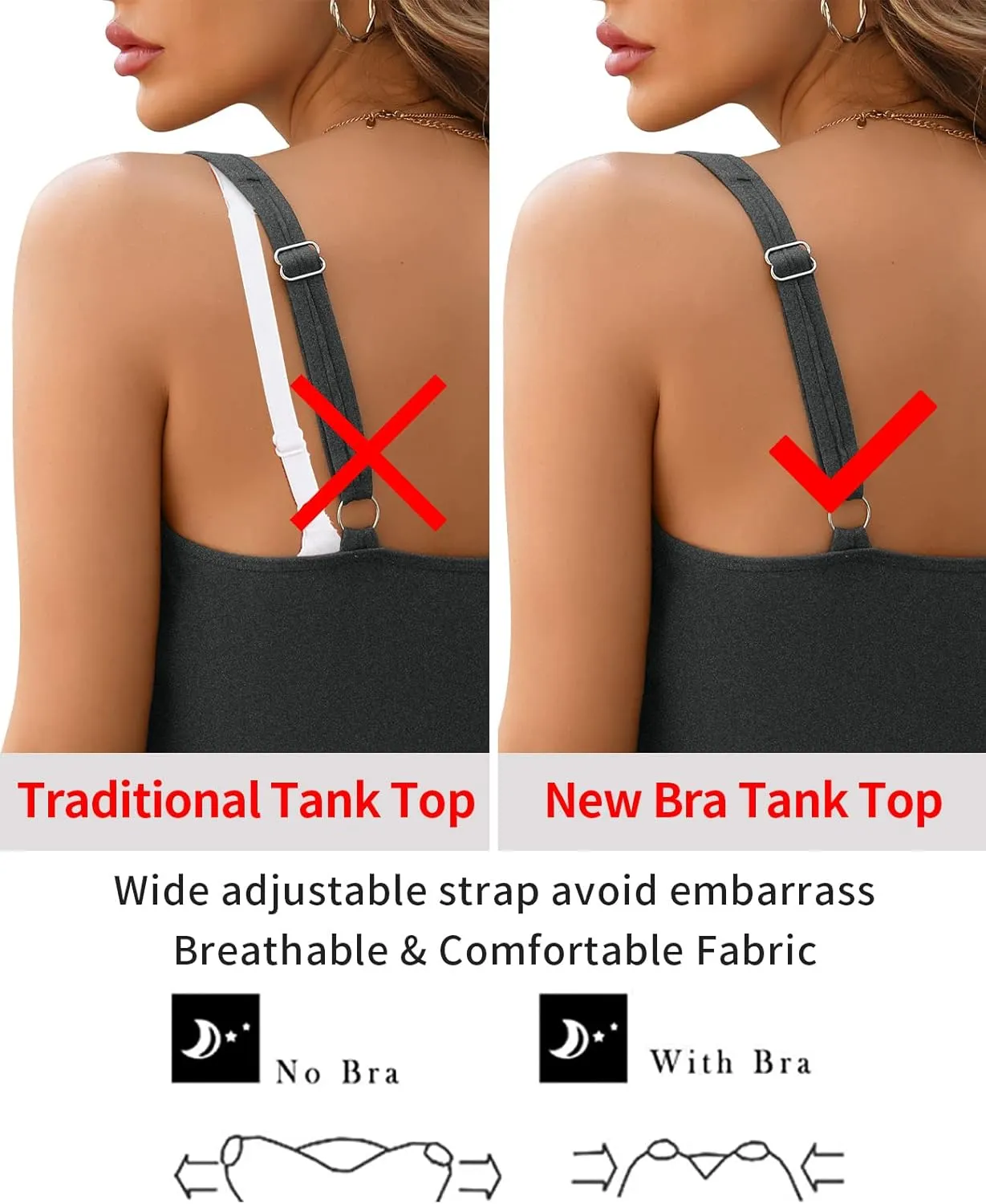 V FOR CITY Tank Top for Women with Built-in Padded Bra Adjustable Wide Strap Camisole Cotton Cami Shirts