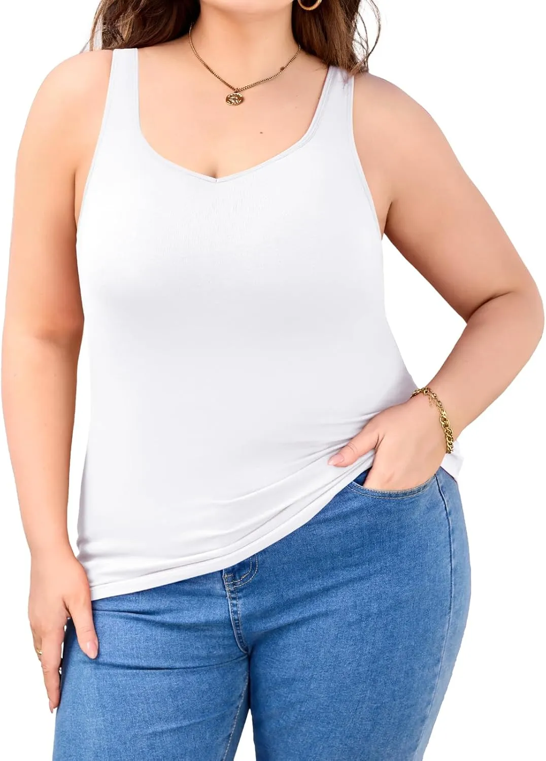 V FOR CITY Women Plus Size Tank Tops with Built-in Padded Bra Adjustable Strap V-Neck Camisole Cotton Cami Shirts 1X-4X