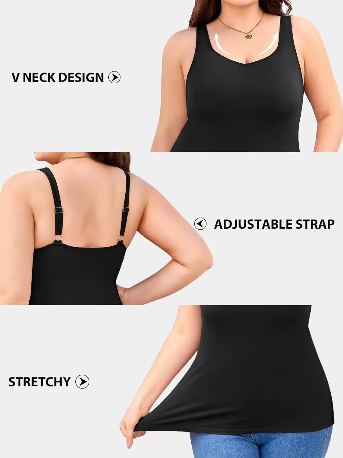 V FOR CITY Women Plus Size Tank Tops with Built-in Padded Bra Adjustable Strap V-Neck Camisole Cotton Cami Shirts 1X-4X