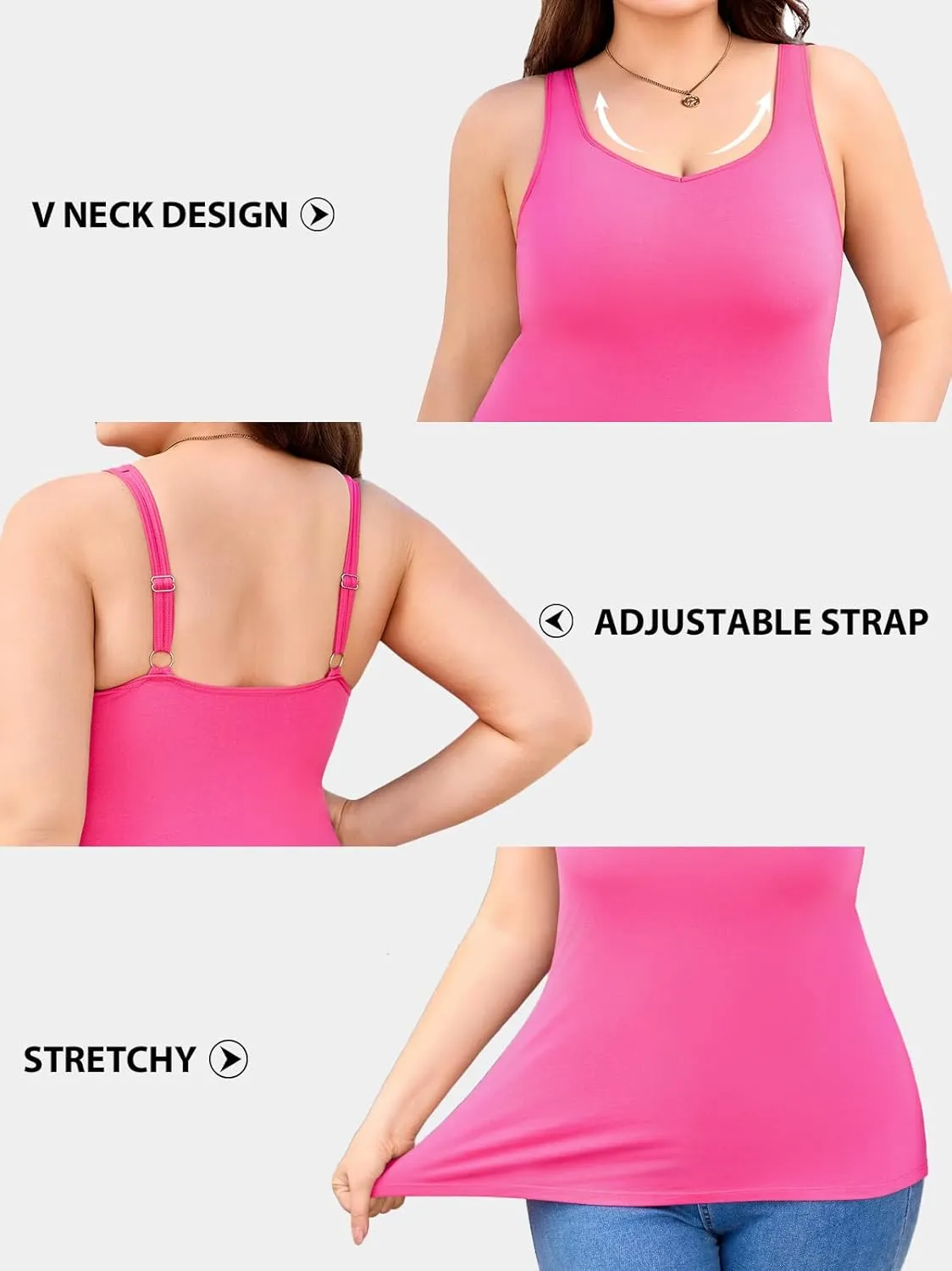 V FOR CITY Women Plus Size Tank Tops with Built-in Padded Bra Adjustable Strap V-Neck Camisole Cotton Cami Shirts 1X-4X