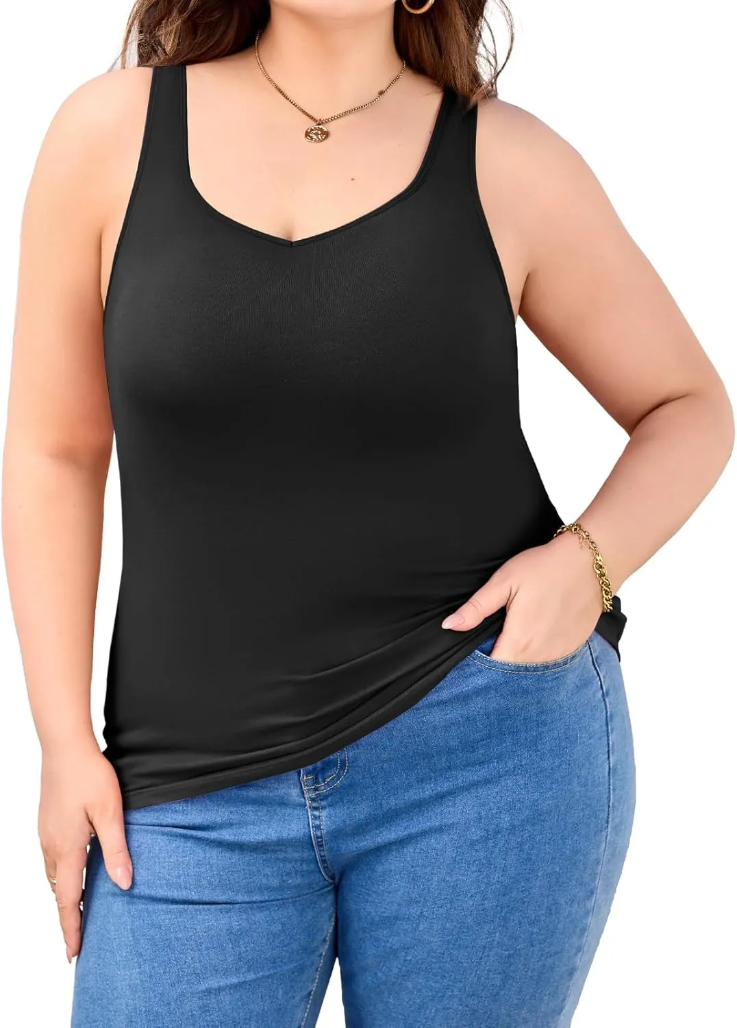 V FOR CITY Women Plus Size Tank Tops with Built-in Padded Bra Adjustable Strap V-Neck Camisole Cotton Cami Shirts 1X-4X