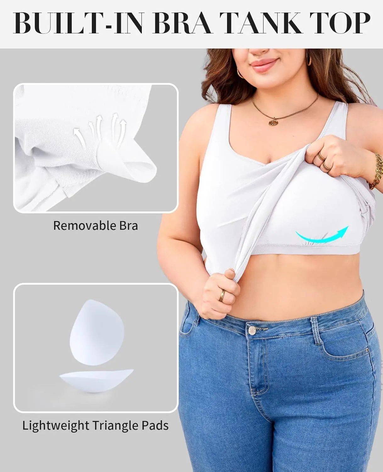 V FOR CITY Women Plus Size Tank Tops with Built-in Padded Bra Adjustable Strap V-Neck Camisole Cotton Cami Shirts 1X-4X
