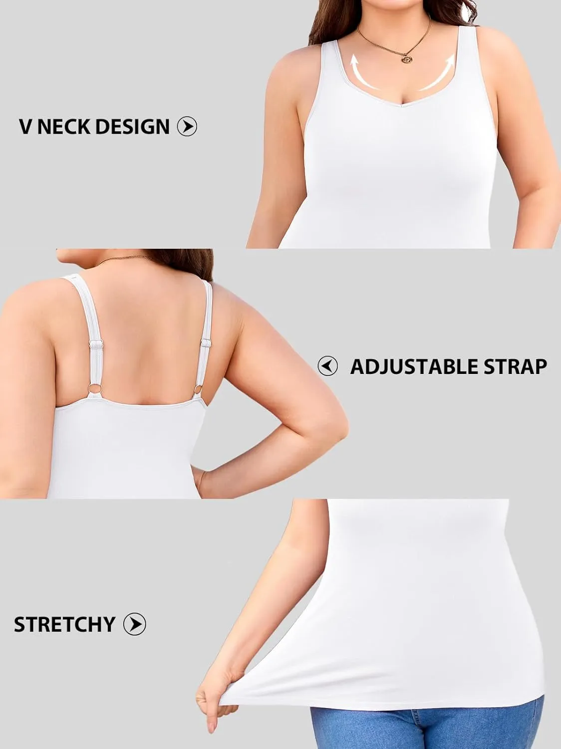 V FOR CITY Women Plus Size Tank Tops with Built-in Padded Bra Adjustable Strap V-Neck Camisole Cotton Cami Shirts 1X-4X