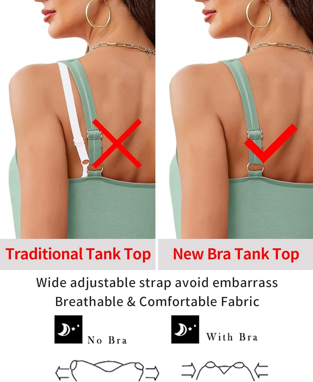 V FOR CITY Women Tank Top with Built-in Padded Bra Adjustable Wide Strap V-Neck Camisole Cotton Cami Shirts