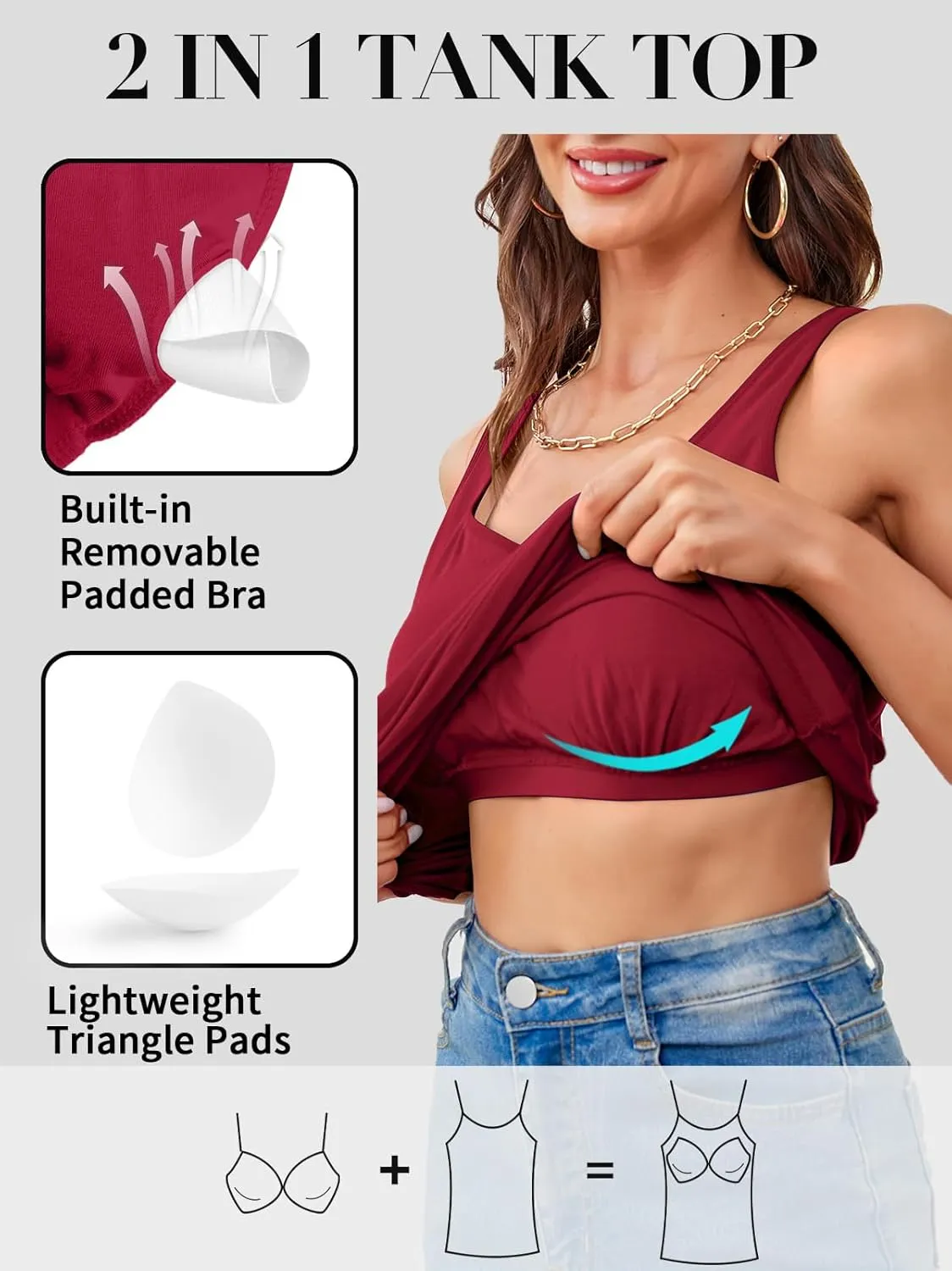 V FOR CITY Women Tank Top with Built-in Padded Bra Adjustable Wide Strap V-Neck Camisole Cotton Cami Shirts