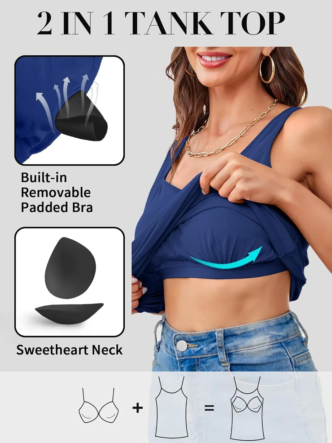 V FOR CITY Women Tank Top with Built-in Padded Bra Adjustable Wide Strap V-Neck Camisole Cotton Cami Shirts