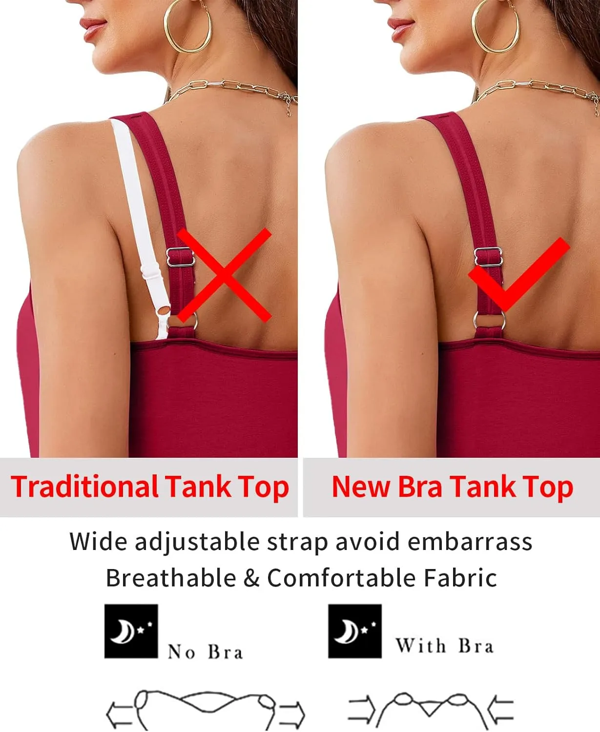 V FOR CITY Women Tank Top with Built-in Padded Bra Adjustable Wide Strap V-Neck Camisole Cotton Cami Shirts