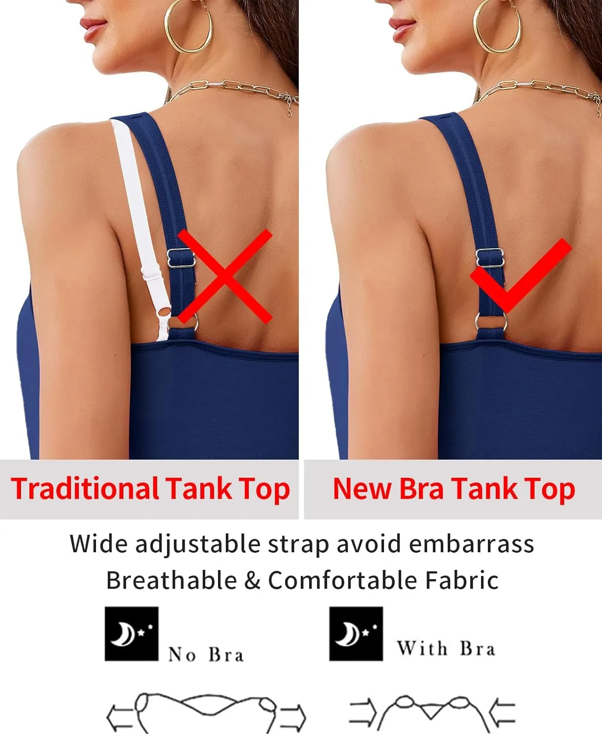 V FOR CITY Women Tank Top with Built-in Padded Bra Adjustable Wide Strap V-Neck Camisole Cotton Cami Shirts