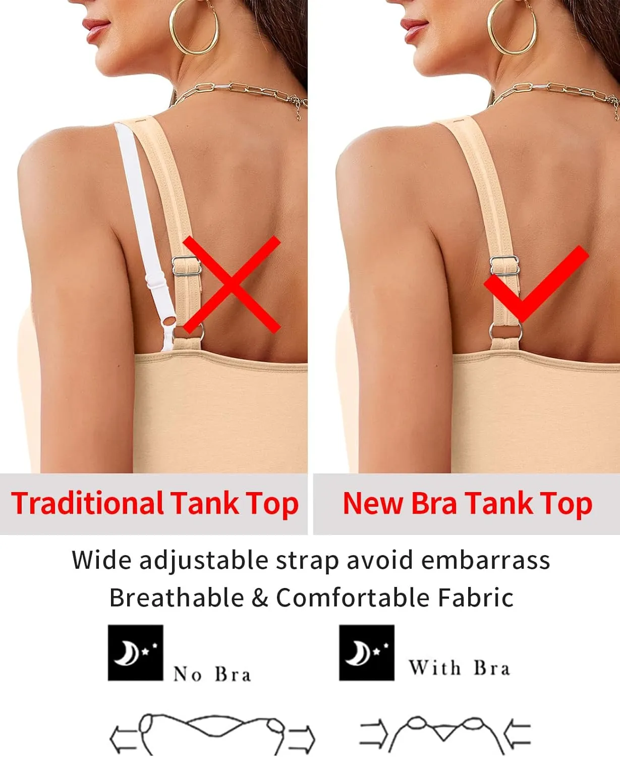 V FOR CITY Women Tank Top with Built-in Padded Bra Adjustable Wide Strap V-Neck Camisole Cotton Cami Shirts