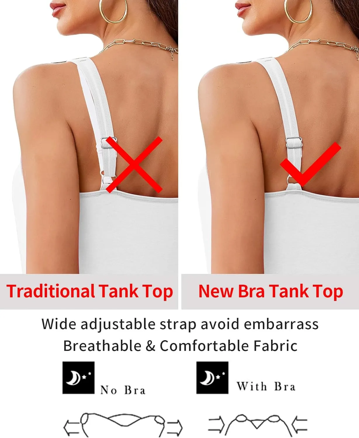 V FOR CITY Women Tank Top with Built-in Padded Bra Adjustable Wide Strap V-Neck Camisole Cotton Cami Shirts