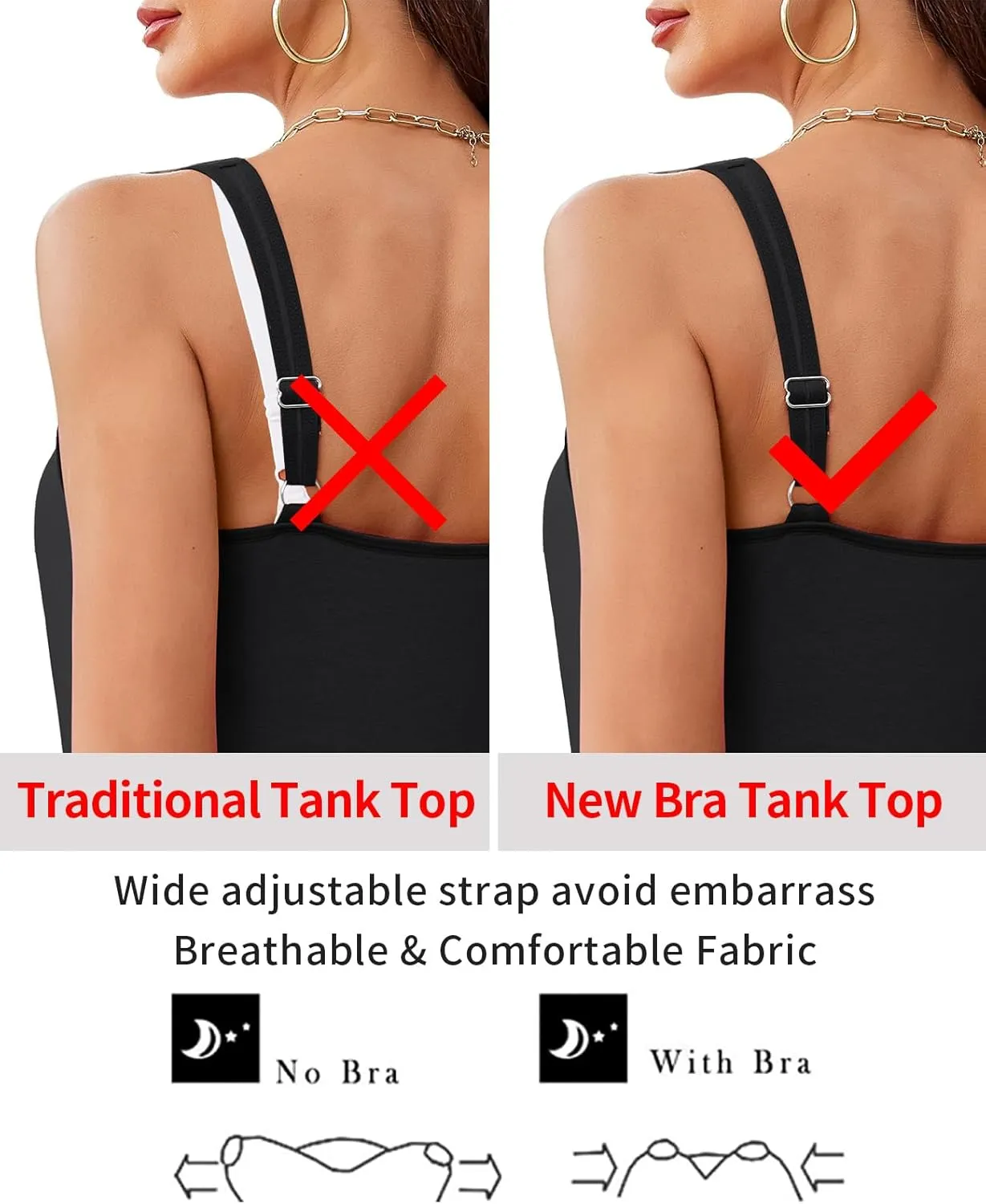 V FOR CITY Women Tank Top with Built-in Padded Bra Adjustable Wide Strap V-Neck Camisole Cotton Cami Shirts